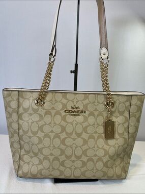 Coach F2478-C8148 Signature Chain Tote Khaki Chalk Canvas Leather Trim